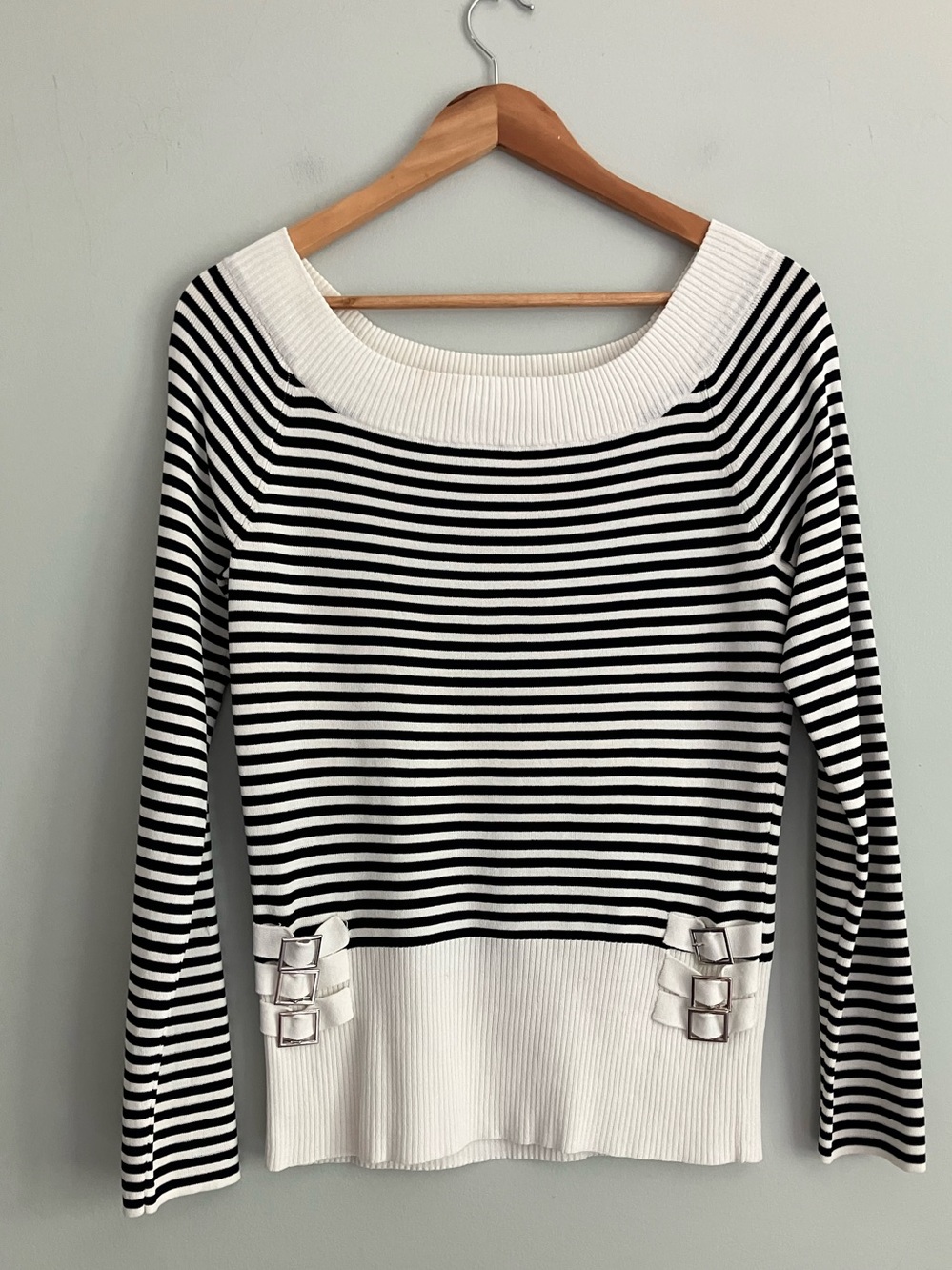 CABLE & GAUGE Black and White Striped Long Sleeve Scoop Neck Sweater Size M